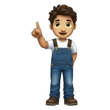boy pointing to the sky, dark brown wavy hair, wearing blue jeans overalls and white shirt. half body. from behind sticker