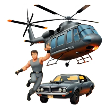 Icon for Action Movie: A vintage movie poster-style design featuring intense action scenes with explosions, weapons, and dramatic poses of Stallone. Include cars and helicopters flying out of flames in the background. Bold typography and retro cinematic style. Transparent background. sticker