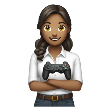 smiling girl in white shirt holding controller sticker