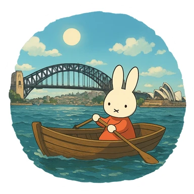 ghibli style Miffy in a boat on Sydney Harbour sticker