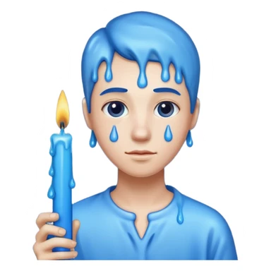 A blue candle held by a hand at 45 degree angle, wax dripping down sticker