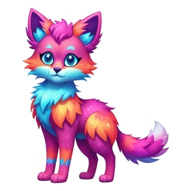 Vibrant multicolored neon-colored Falvie-Fionbri-creature-sparkle-feline-canine-hybrid-fursona, full body sticker