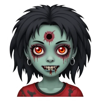 girl, zombie, black coily hair, medium long, emo, shaggy, dark, spooky,double eyebrow dermal piercing, cute illuminous smile sticker