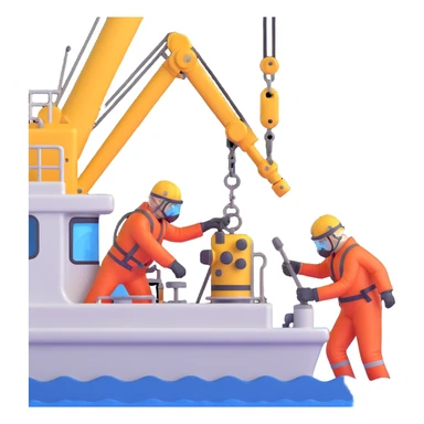 Scientists on Russian research ship using crane to collect ocean floor samples during rough seas sticker