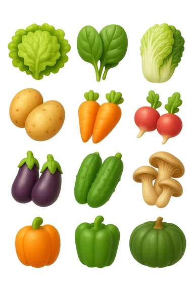 emoji stile iphone 3d di Lattuga, spinaci, cavolo cinese, cavolo nero
Patate, carote, rape, ravanelli
Melanzane, cetrioli, peperoni verdi
Funghi ostrica
Zucca kabocha
 che fluttuano in aria, iperealistico 4k sticker