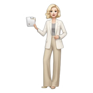 pale skin woman with ash blonde Straightened bob Hair, White Spacious classical jacket, beige palazzo Arrow pants and gray blouse holding a color palette in the hands sticker