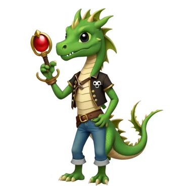 friendly anthropomorphised dragon in a band t-shirt and jeans with a pirate eye-patch walking upright, relaxed pose sticker