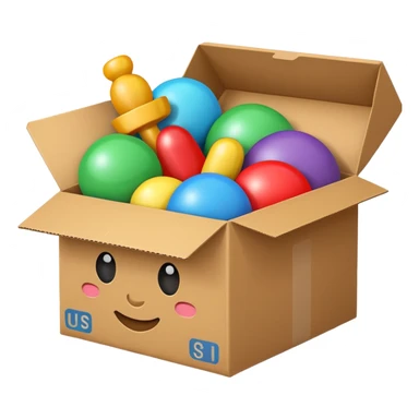 cardboard box with toys, sticker