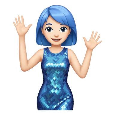 Woman with medium length blue hair doing jazz hands sticker