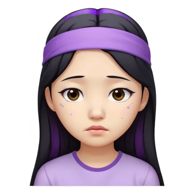 Asian girl with long black hair, lilac headband, white shirt, sad face, acne on cheek sticker