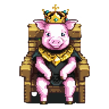Minecraft style pig with a golden crown sitting on a throne, inspired by Technoblade sticker