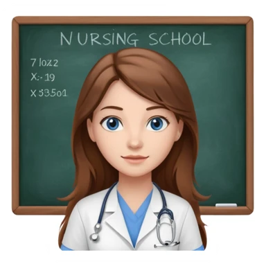 university classroom that says nursing school on the blackboard with a pretty female nursing student with long brown hair, blue eyes sticker