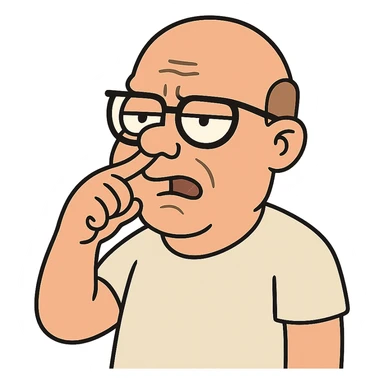 flat toon style bald guy with glasses picking his nose sticker