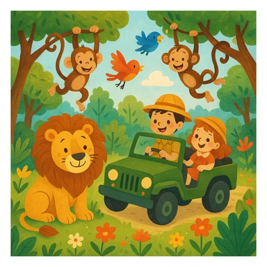 digital illustration of jungle safari in the style of children's story book sticker