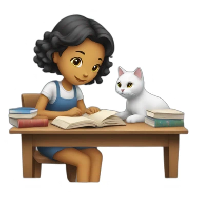 Girl working with books and a cat sticker