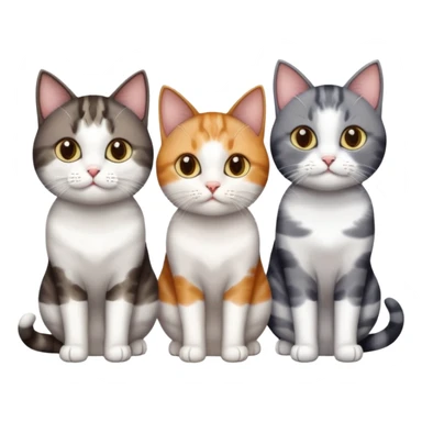 3 different coloured short haired cats including; a dark brown tabby and white cat, and a dark grey and white  sticker