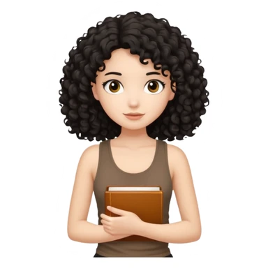 a pretty bratz fair girl with black curly hair in a brown tank top holding a book sticker