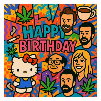 maximalist birthday message collage with Hello Kitty, It's Always Sunny in Philadelphia cast, coffee cups, cigarettes, cannabis leaves, vibrant chaotic colors and patterns sticker