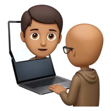 A dark-colored laptop with the screen open. From the screen, a person is emerging, giving a lecture or teaching. The person should look expressive and in a teaching pose. Soft shadows, semi-3D emoji style, clean background. sticker