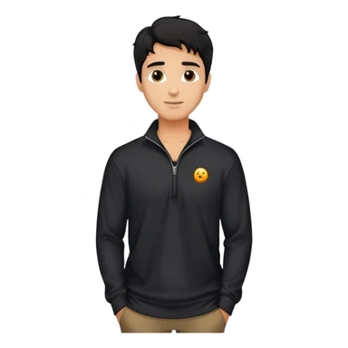 Relaxed fit black quarter-zip shirt on man with wavy black hair, not form-fitting sticker