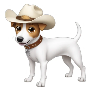 White jack russell terrier wagging his tail and wearing a cowboy hat sticker