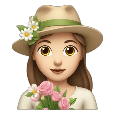 white skin, Girl with a hat, brown hair straight to the shoulders, holding a bouquet of flowers sticker