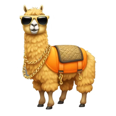 llama wearing an orange puffer vest and sun glasses full body gold chain sticker