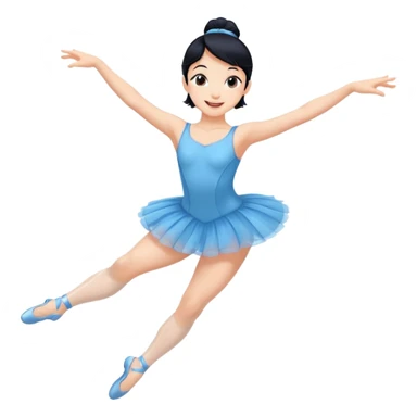 A lively black hair ballerina in a blue outfit, jumping mid-air with a bright smile. sticker
