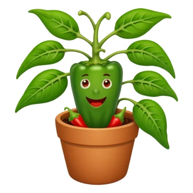 Potted green pepper plant with small chili peppers growing on it sticker