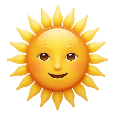 Create a bright, modern sun emoji. Minimalistic flat design, round yellow sun with soft orange gradient, smooth rounded rays around it, friendly and clean look, vector style, high resolution, centered on white background. sticker