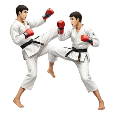 Two taekwondo fighters in traditional white doboks with black belts. One delivers a powerful kick, while the other defends by blocking with his knee. The background shows a professional arena with bright lights and an excited crowd. Transparent background highlights the intense action sticker