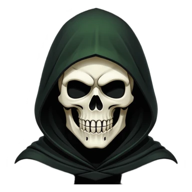 Icon of the Grim Reaper's face. His skull is stylized, his hood is tattered. He is [например: winking with a sly grin]. Clean, flat vector art, high contrast. Stylized as a modern logo or a medieval woodcut. Strictly black and white with one accent color like dark moss green or deep crimson.  sticker