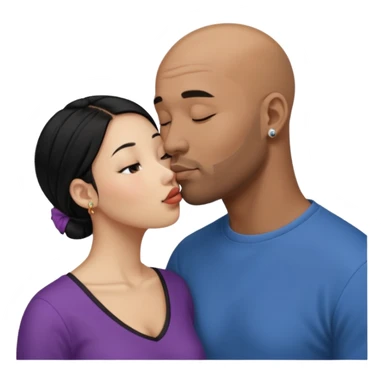 Bald black with small beard deeply kissing a short younger looking asain women with long black hair and nose ring sticker