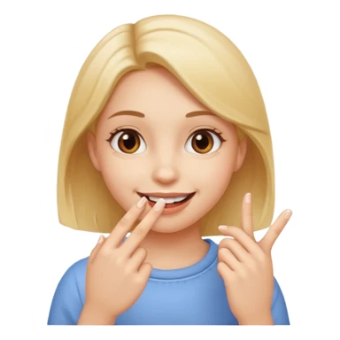 a girl smiling and eating her finger sticker