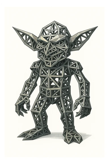 a whimsical full body goblin made of metallic architectural truss structures, geometric, detailed, white background sticker