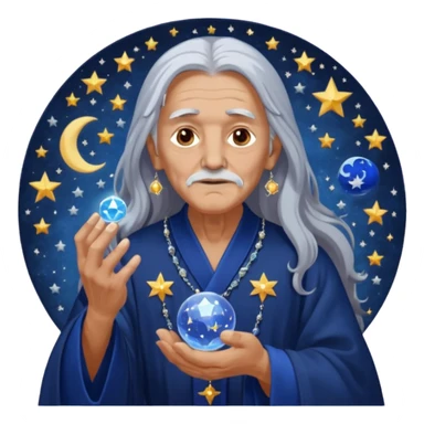 The Dream Interpreter will be depicted as an elderly figure with long, silver hair and a piercing gaze.  He will be dressed in a long, dark blue robe, decorated with embroidered stars and moons.  🌟 He will hold a crystal ball 🔮 in his hand, in which hazy images of dreams can be seen sticker