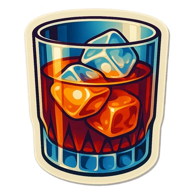 A whiskey on the rocks with a vintage glass and ice cubes sticker