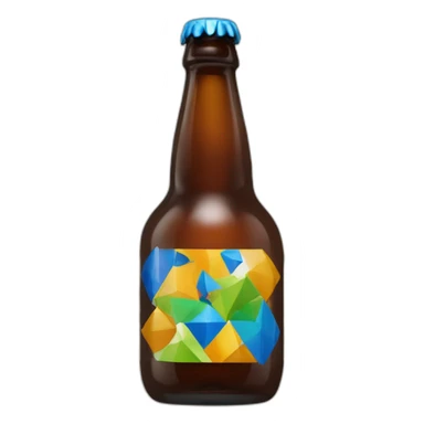 Botella de cerveza marron llena con etiqueta blanca y diseños azules amarillos, naranjas y verdes creando motivos arabes de geometría sticker