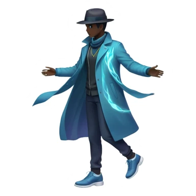 Male silhouette with flowing energy aura around it and small style elements like hat, jacket and shoes orbiting around, ethereal masculine style inspiration sticker
