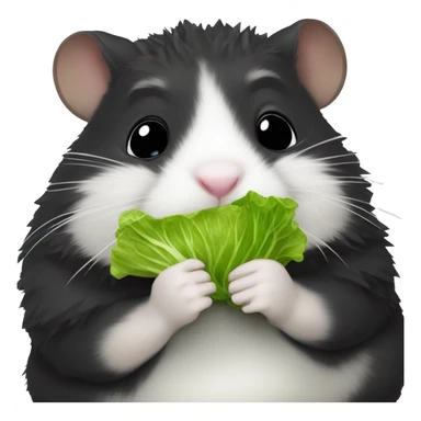 chubby realistic black fuzzy hamster eating a small piece of lettuce sticker