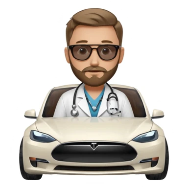 White tesla model 3 and one cool physician with dark blond hair, beard, stetoscope and dark sunglasses next to it sticker