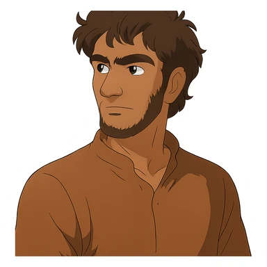 A Tajik man with medium to tall height, well-defined features, slightly curved nose, dark-brown eyes, thick eyebrows meeting above the nose, slightly wavy hair, and rich brown skin sticker