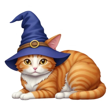 full body ginger tabby cat flopped over on her side wearing an indigo witch hat sticker