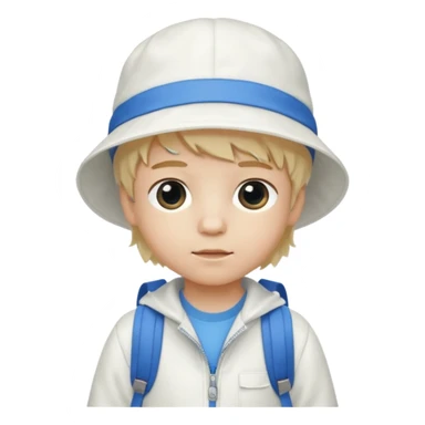 A little boy student white skin, blonde hair, with white bucket hat, white jacket, blue backpack sticker