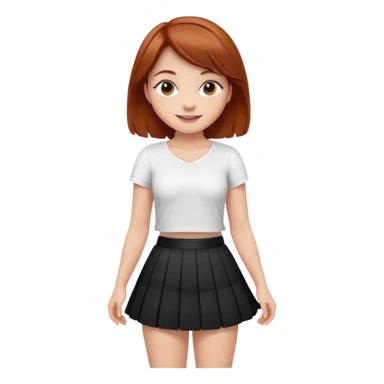 Sexy Mini skirt very short black pleated skirt.  Girl puts hand on hip.  She smiles.  Auburn hair. Very small white top sticker