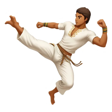 A capoeira fighter in mid-air performing a spinning kick, wearing traditional white capoeira pants and a cord, vibrant and flowing pose, surrounded by motion swirls sticker
