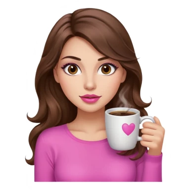 girl with long wavy brown hair, brown eyes, long lashes makeup, sexy pink lips, light to medium complexion, pink sexy top, with a coffee mug sticker