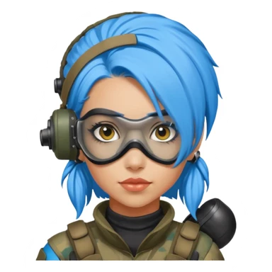 blue curly haired paintball playergirl with huge earrings, wearing paintball eye mask helmet sticker