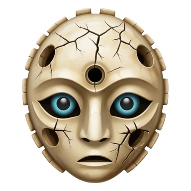 ancient mask, empty shell with eye holes, mysterious sticker