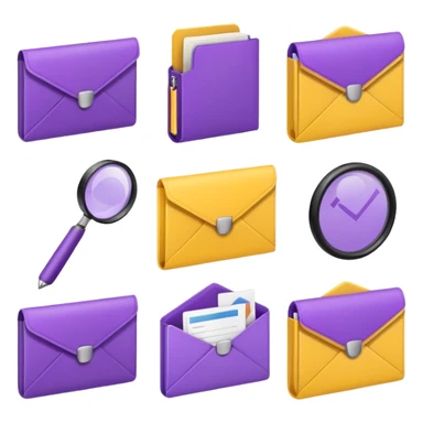 simple, minimalistic yellow (hex#FFD008) and purple (hex#8C52FF) icons of a pin, a working case, a folder, a magnifier, an email, an envelope. 6 icons in total sticker